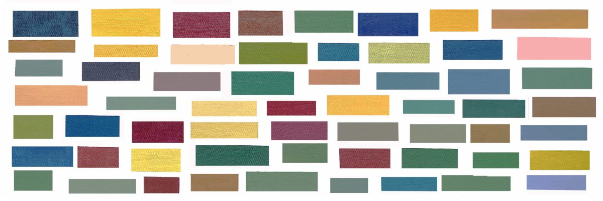 Ines Hock, Die 2. virtuelle Variante, ist auf das gleiche Format 50 x 150 cm übertragen. Die Farbfelder sind stark vergrößert und beschnitten. Dadurch trennt der weiße Hintergrund die Farben stärker von einander ab.