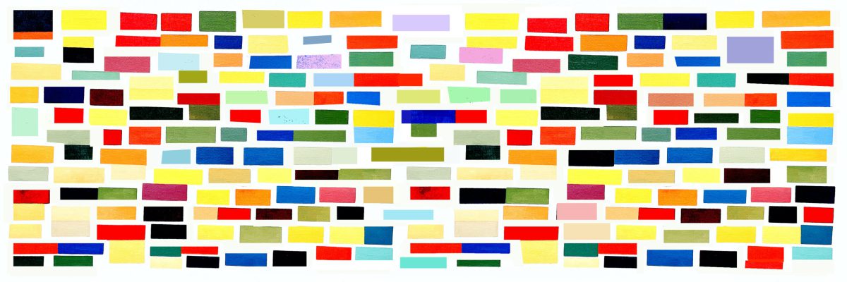 Ines Hock, Das virtuelles Bild Nr. 5 ist  aus 2 Ur-Bildern zusammengesetzt. Neue  Farben und Formen sind dazugekommen. Der Rhythmus der Farbflächen hat eine andere Anmutung. Die Proportionen sind dem URBILD ähnlich.